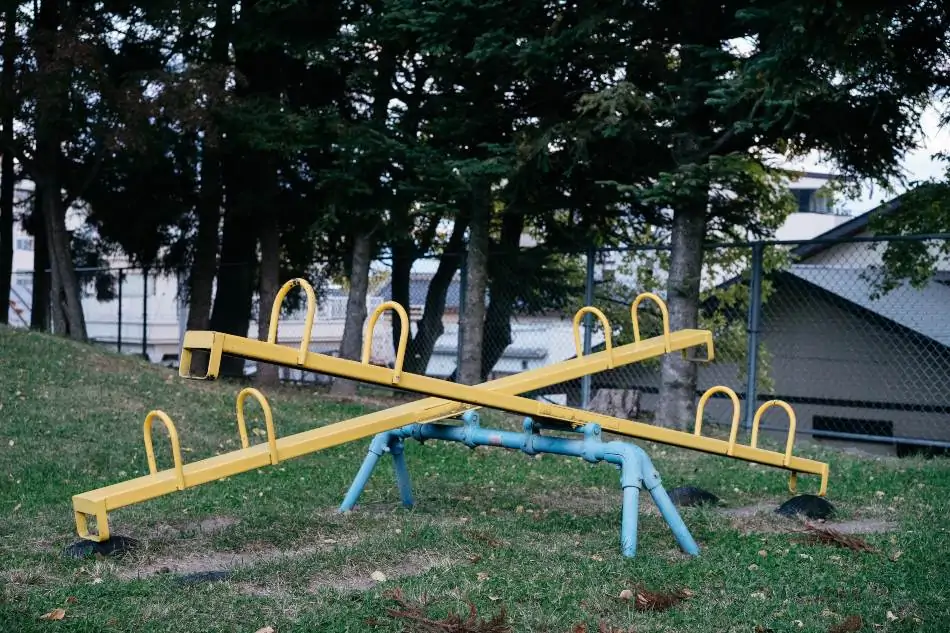 A metallic playground structure. 