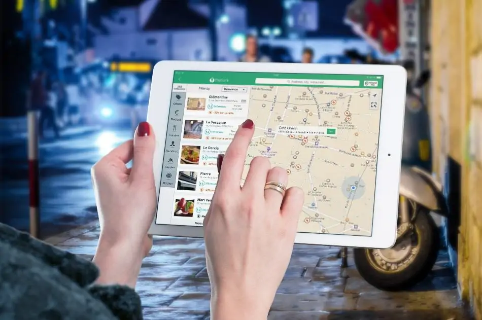 A tablet with an open Map App. 